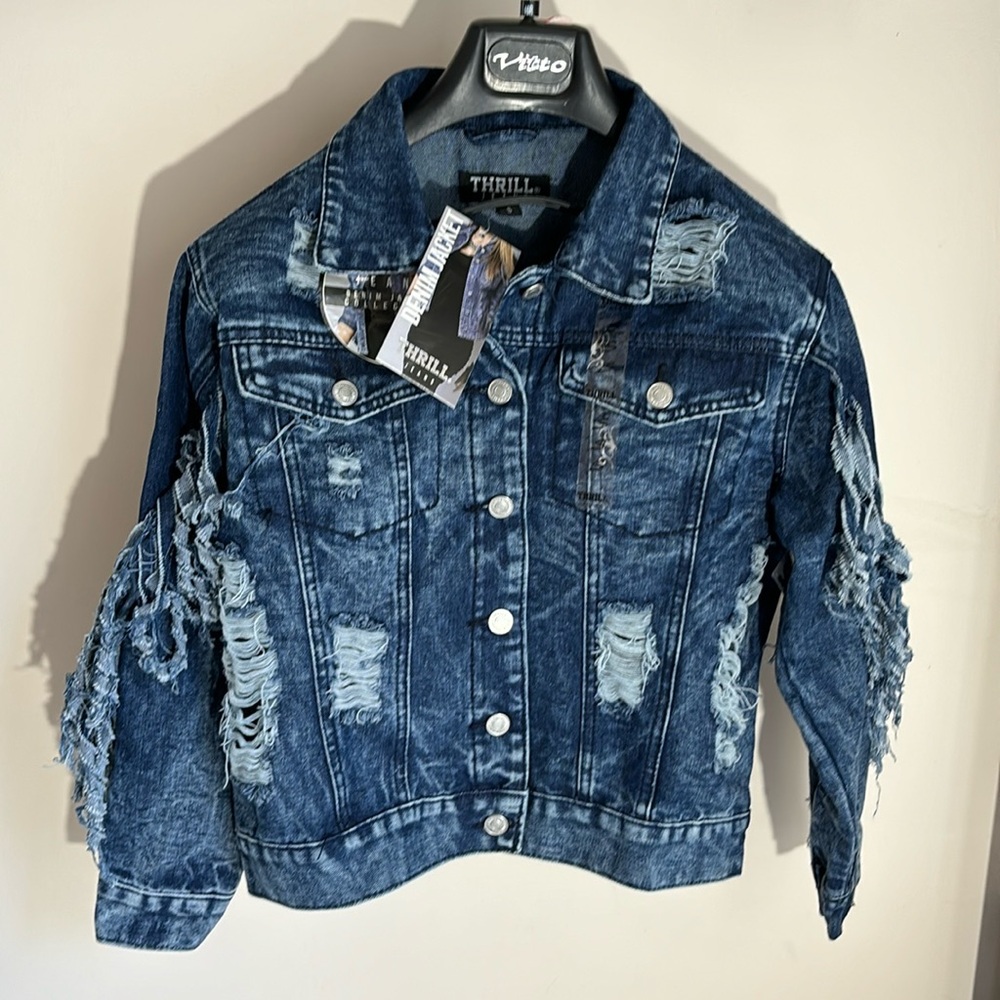Thrill Jeans Denim Distressed Jacket with Shingles - Small